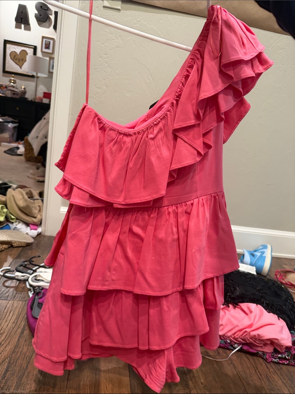 DO+BE Coral Pink One-Shoulder Ruffle Romper